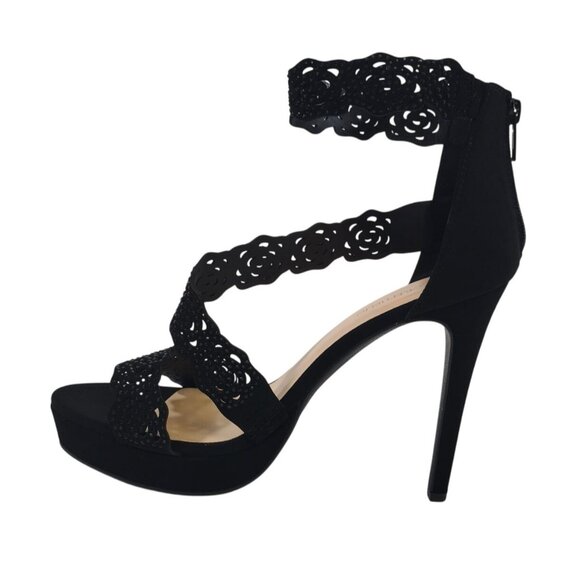 Black platform sandals with lace trim, stiletto heel, size 11, by Marc Republic - Picture 7 of 10